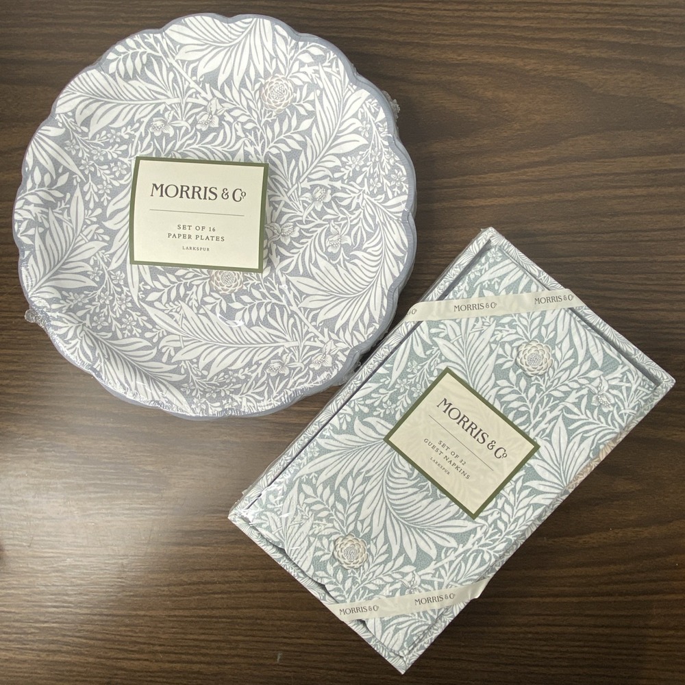 Morris & Co. LARKSPUR 10" Paper Plates (16) & Guest Napkins (32) William Morris